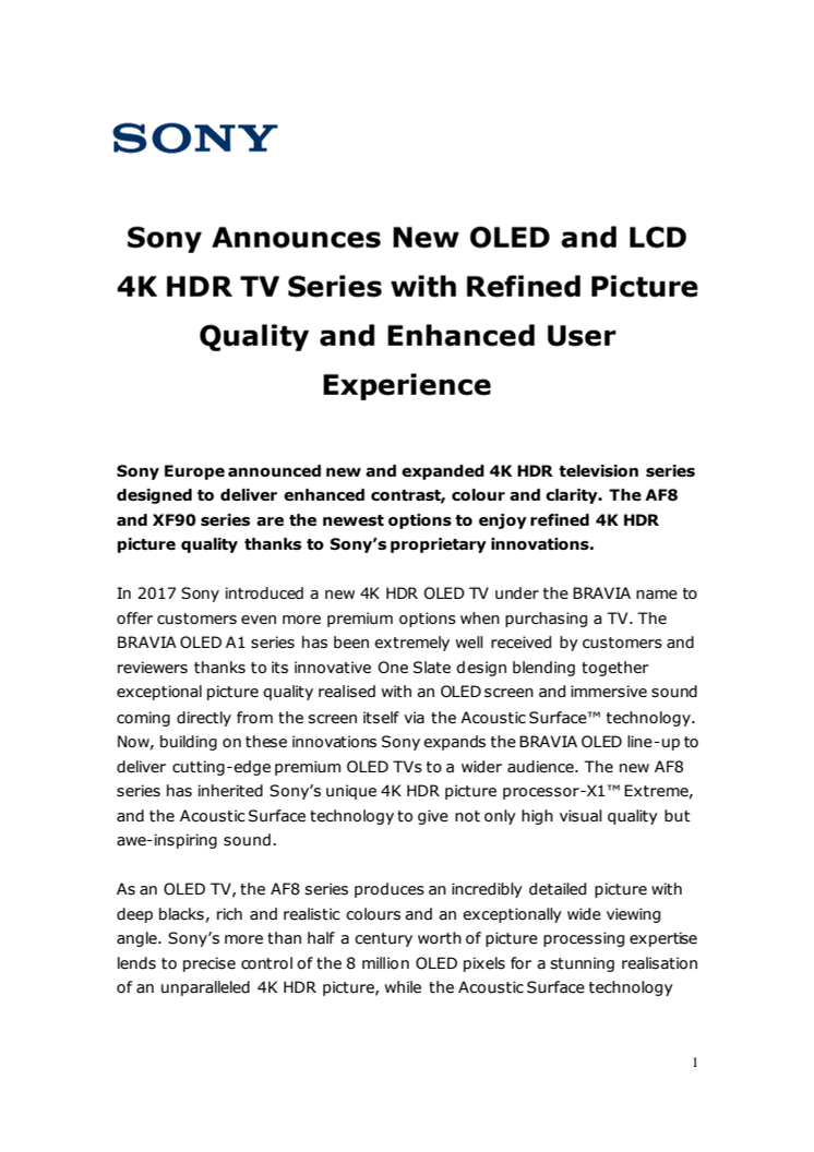 ​Sony lancerer nye OLED og LCD 4K HDR tv’er med forbedret billedkvalitet