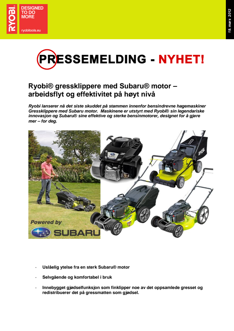 Ryobi® gressklippere med Subaru® motor – arbeidsflyt og effektivitet på høyt nivå