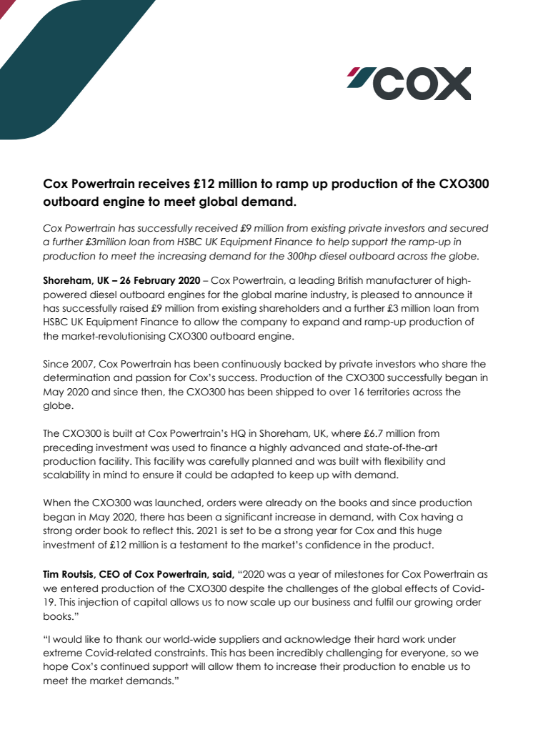 Cox Powertrain receives £12 million to ramp up production of the CXO300 outboard engine to meet global demand