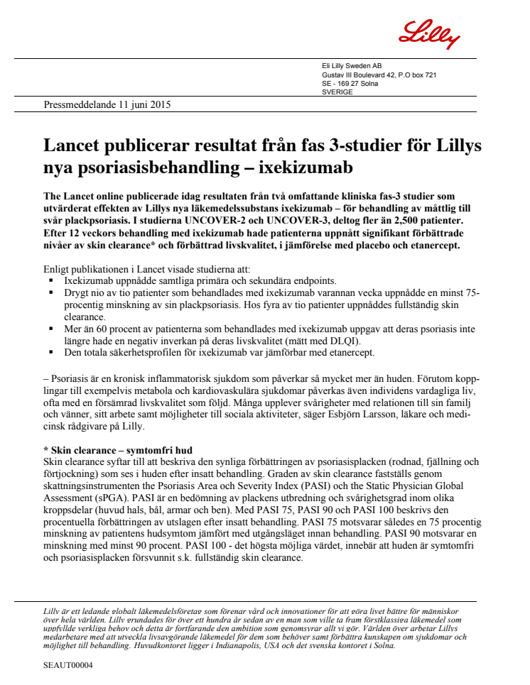 Lancet publicerar resultat från fas 3-studier för Lillys nya psoriasisbehandling – ixekizumab 