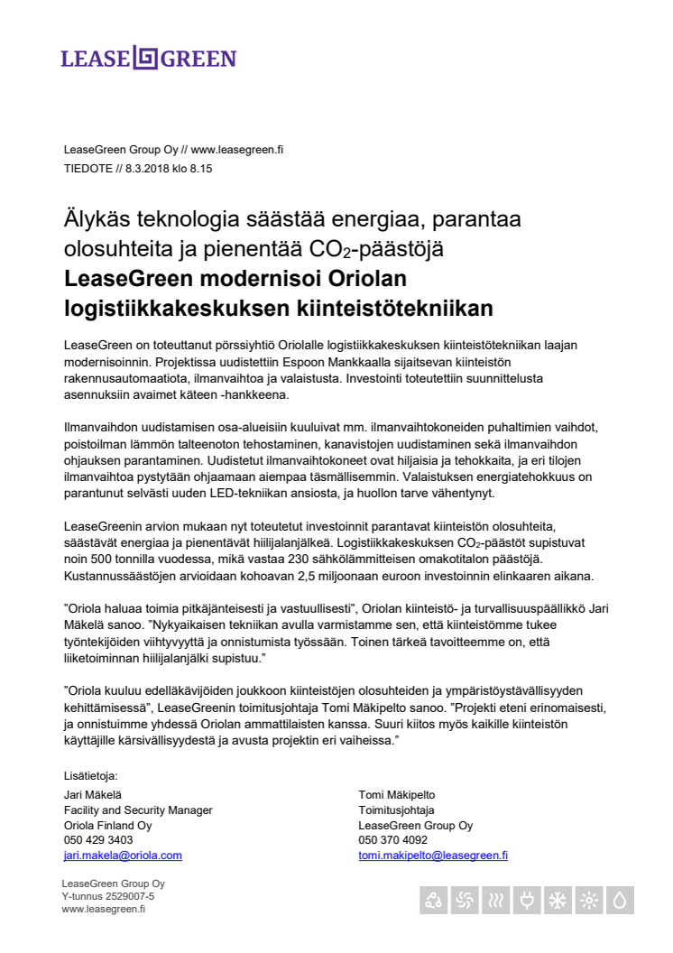 LeaseGreen modernisoi Oriolan logistiikkakeskuksen kiinteistötekniikan
