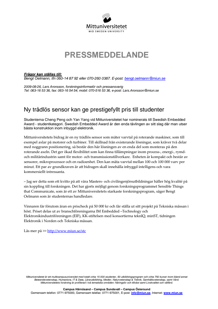 Ny trådlös sensor kan ge prestigefyllt pris till studenter