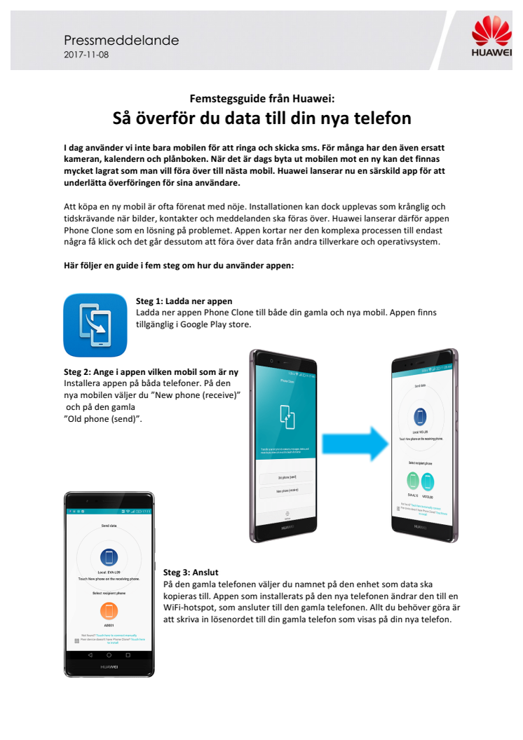Femstegsguide från Huawei:    Så överför du data till din nya telefon