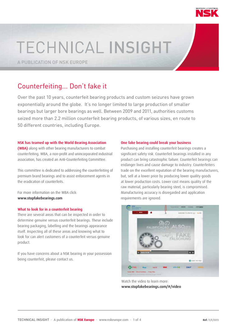 NSK Europe - How to identify Authentic NSK bearings