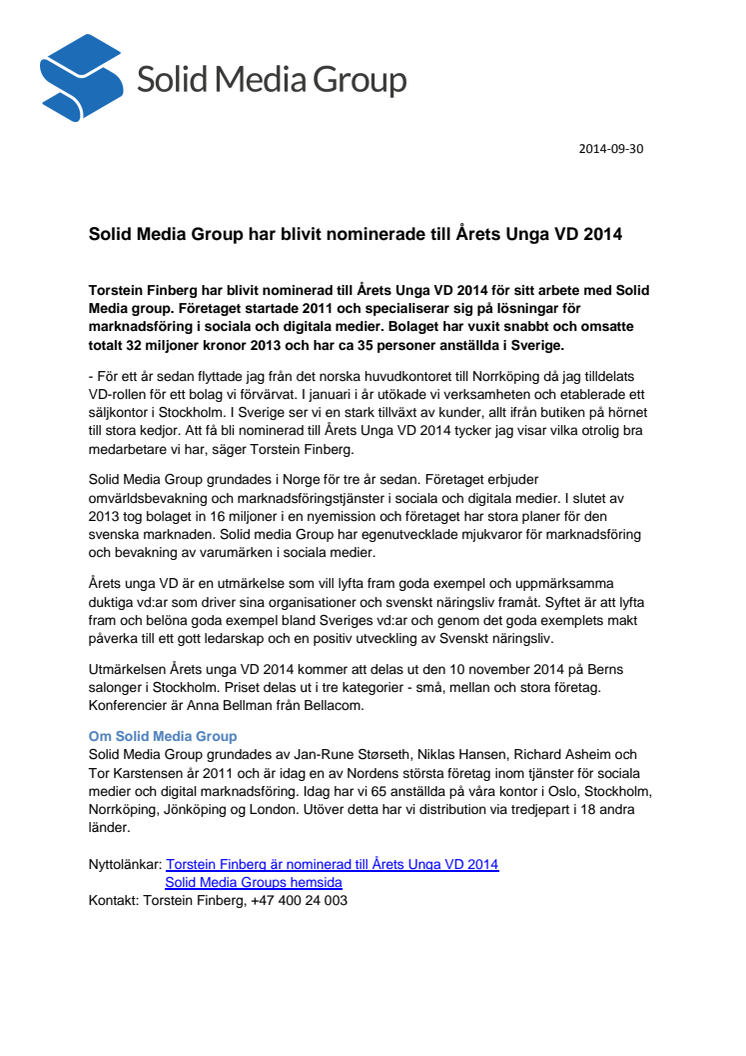 Solid Media Group har blivit nominerade till Årets Unga VD 2014