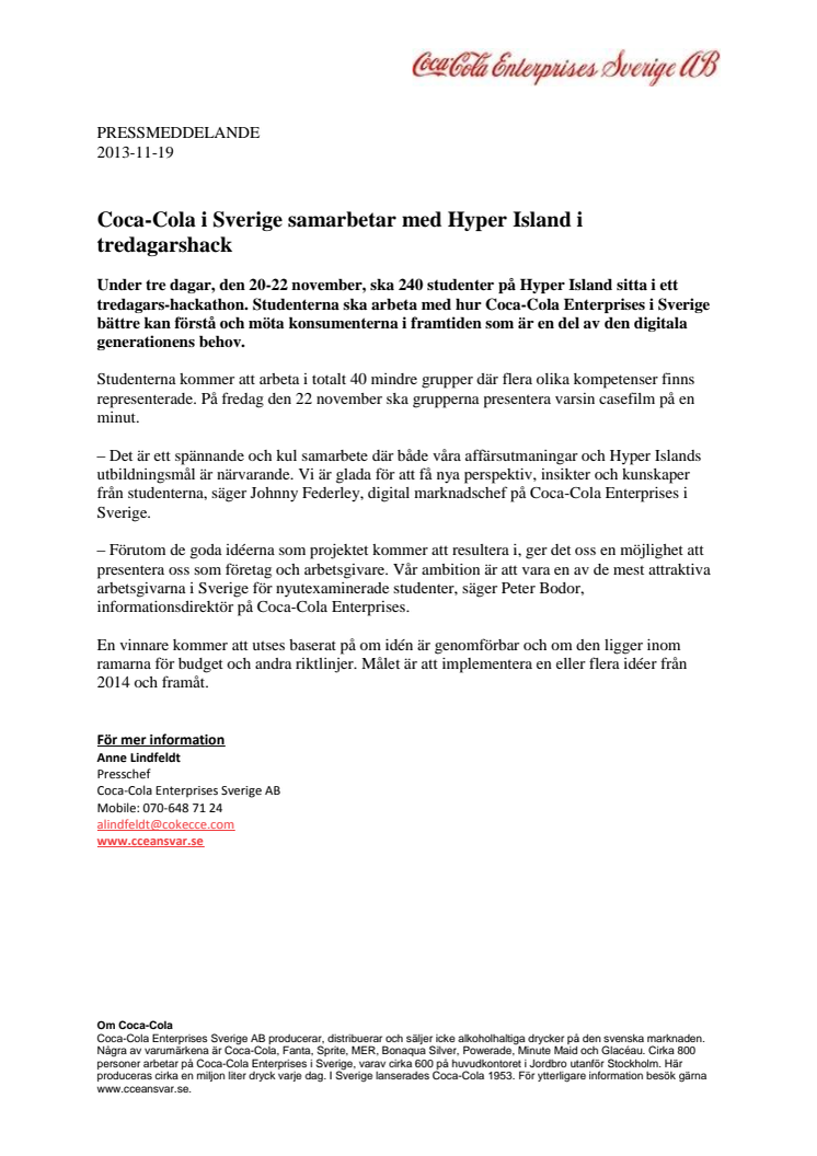 Coca-Cola i Sverige samarbetar med Hyper Island i tredagarshack