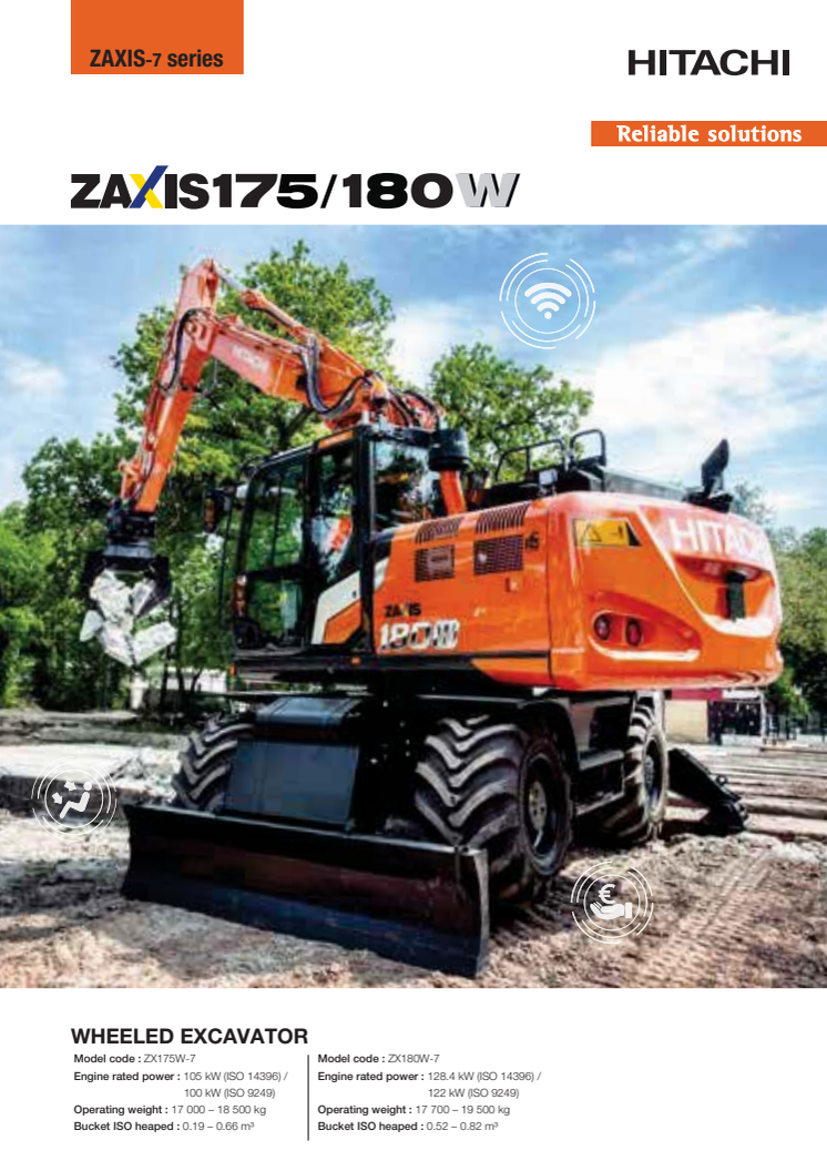 Hitachi Zaxis-7 hjulgrävare produktbroschyr eng. ZX175W-7 och ZX180W-7