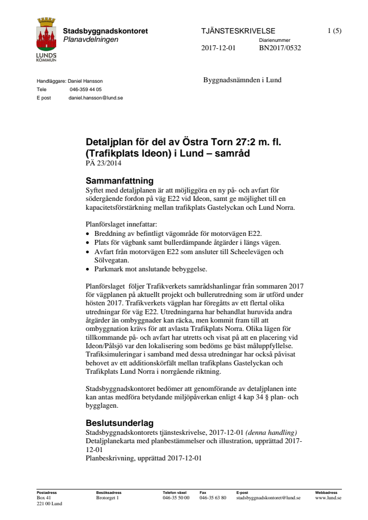 Tjänsteskrivelse till byggnadsnämnden för Trafikplats Ideon