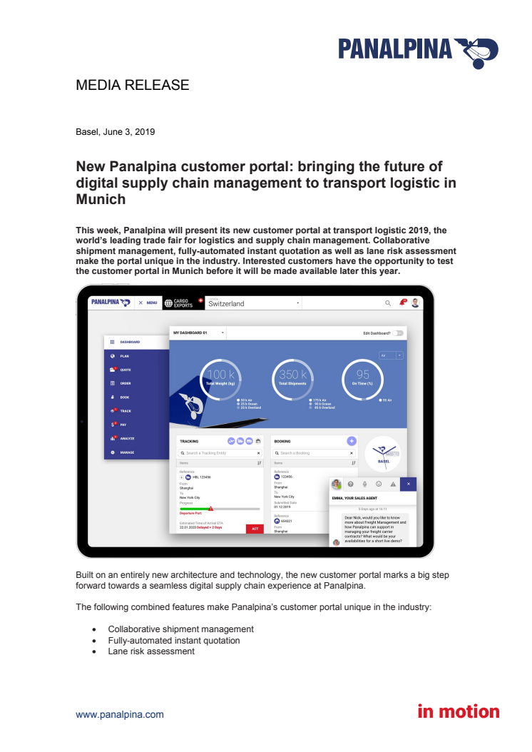 New Panalpina customer portal: bringing the future of digital supply chain management to transport logistic in Munich