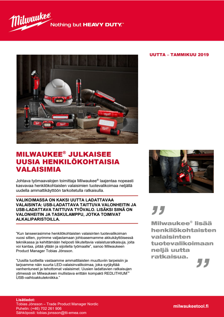 MILWAUKEE® JULKAISEE UUSIA HENKILÖKOHTAISIA VALAISIMIA