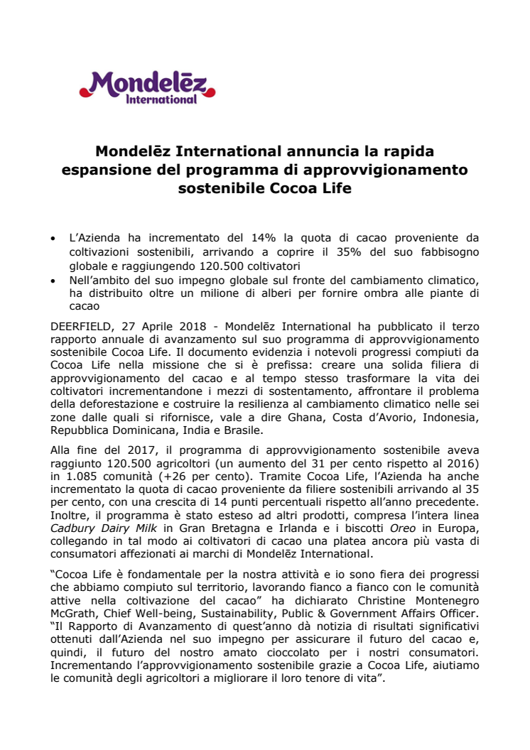 Mondelēz International annuncia la rapida espansione del programma di approvvigionamento sostenibile Cocoa Life