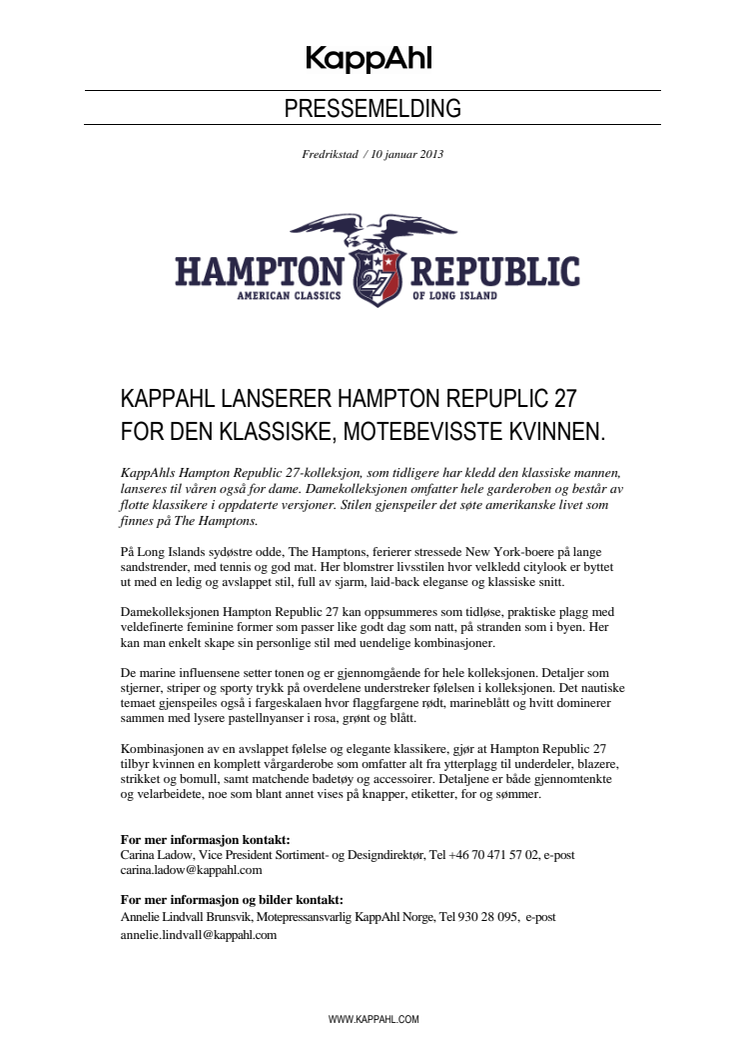 KappAhl lanserer Hampton Republic 27 for den klassiske, motebeviste kvinnen.