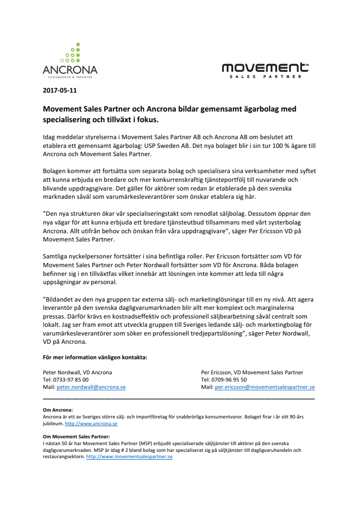 Ancrona och Movement Sales Partner  bildar gemensamt ägarbolag med specialisering och tillväxt i fokus.