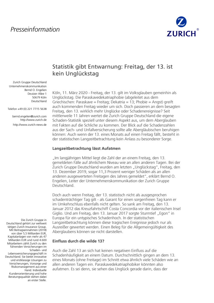 Statistik gibt Entwarnung: Freitag, der 13. ist kein Unglückstag 