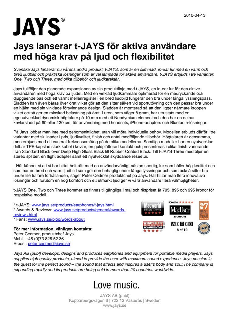 Jays lanserar t-JAYS för aktiva användare med höga krav på ljud och flexibilitet 