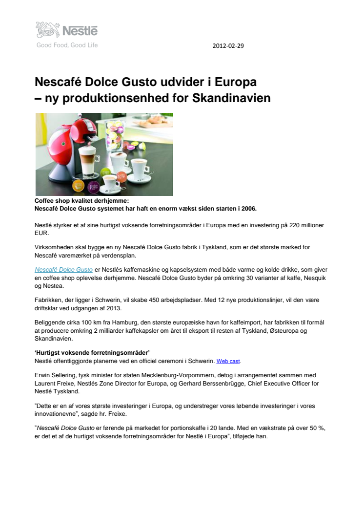 Nescafé Dolce Gusto udvider i Europa – ny produktionsenhed for Skandinavien