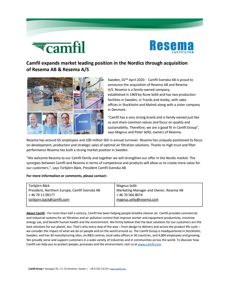 Camfil expands market leading position in the Nordics through acquisition of Resema AB & Resema A/S