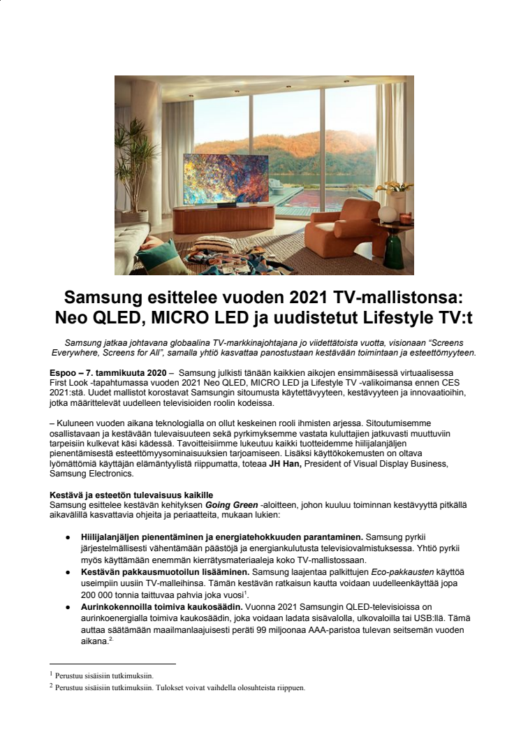 Samsung esittelee vuoden 2021 TV-mallistonsa: Neo QLED, MICRO LED ja uudistetut Lifestyle TV:t