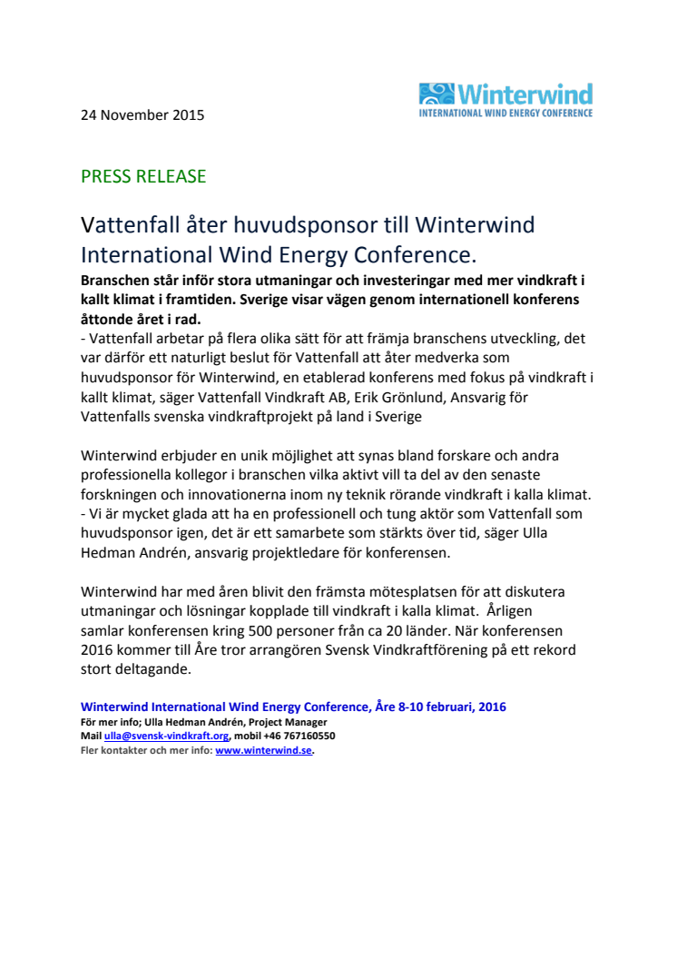 Vattenfall åter huvudsponsor till Winterwind International Wind Energy Conference.