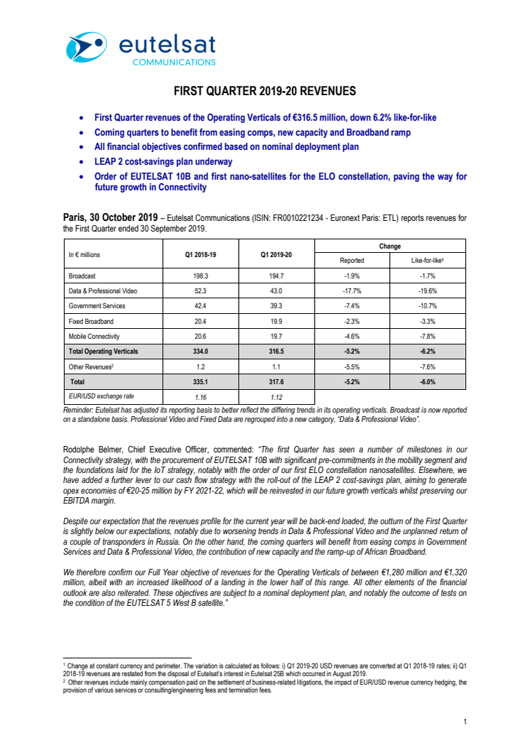 FIRST QUARTER 2019-20 REVENUES