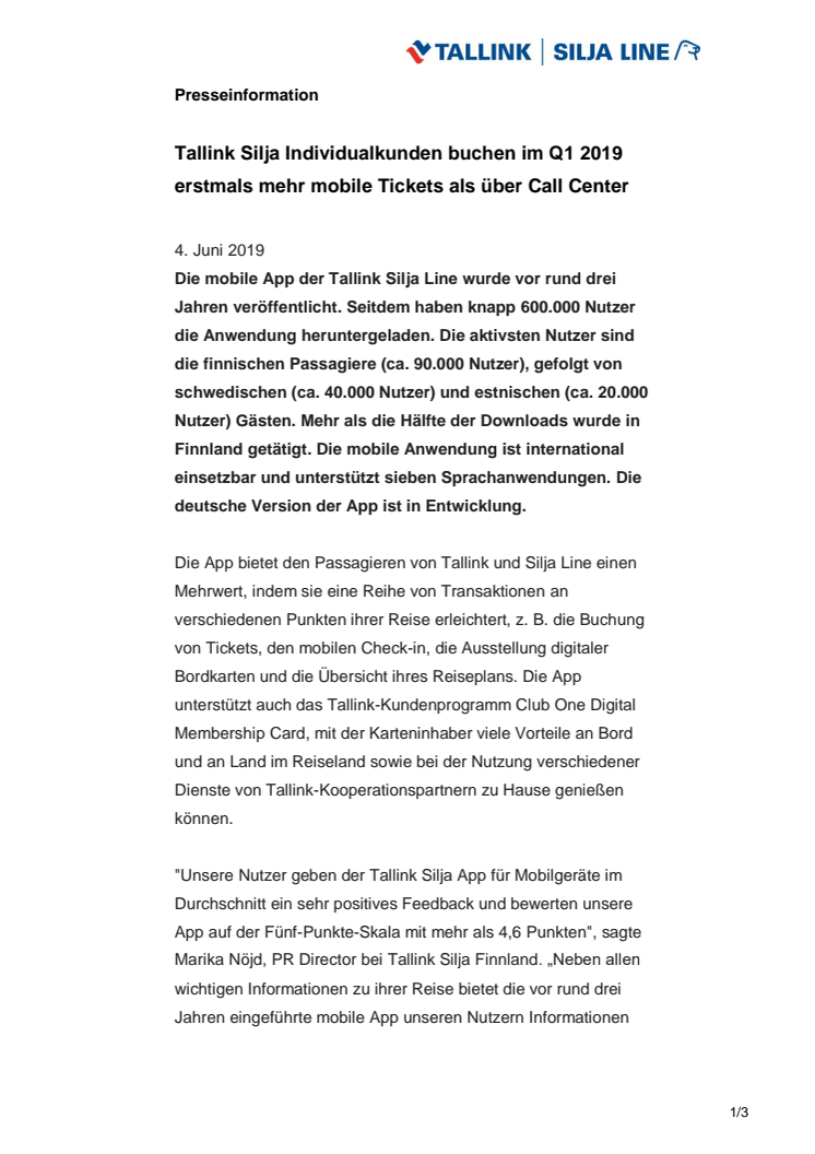 Tallink Silja Individualkunden buchen im Q1 2019 erstmals mehr mobile Tickets als über Call Center 