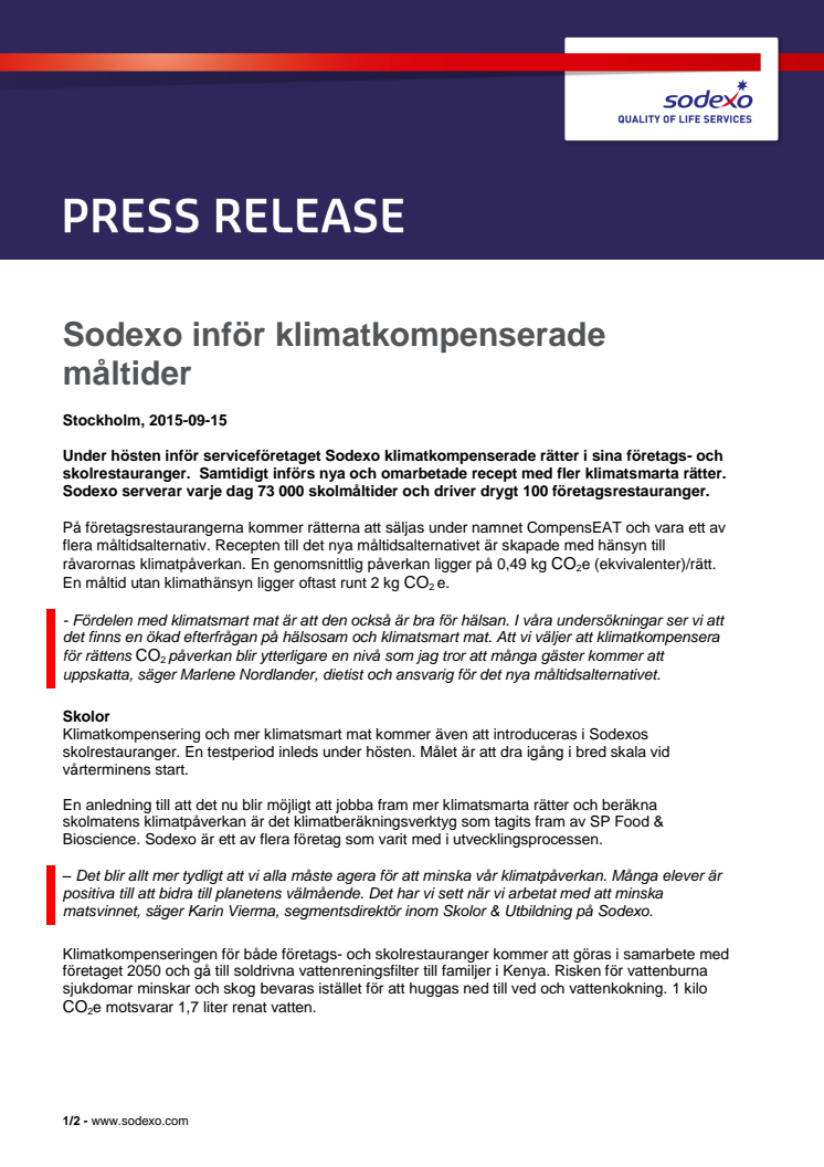 Sodexo inför klimatkompenserade måltider