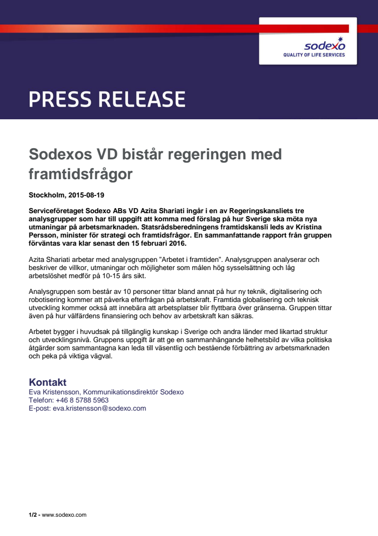 Sodexos VD bistår regeringen med framtidsfrågor