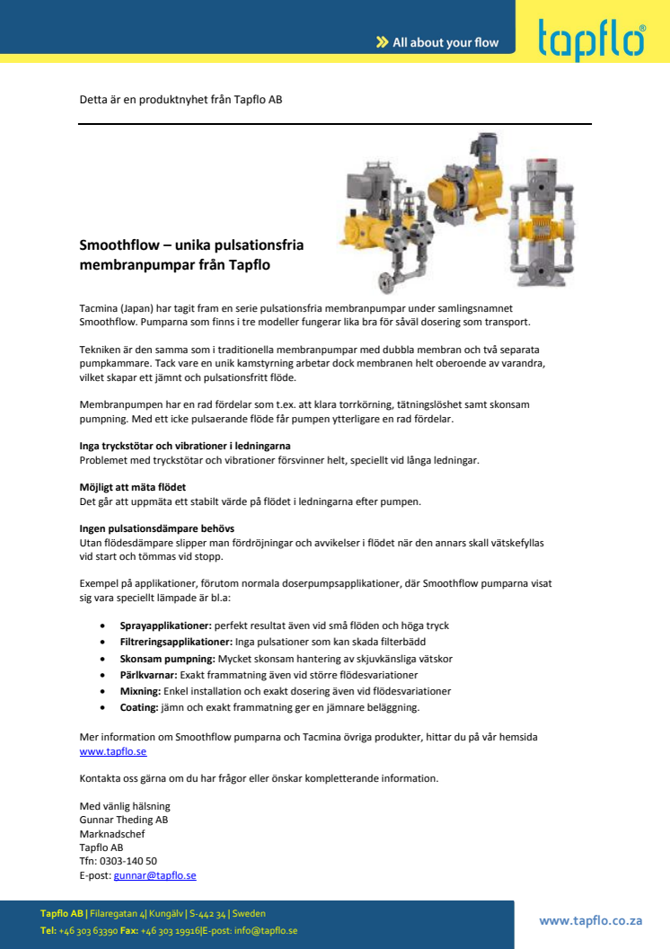 Smoothflow – unika pulsationsfria  membranpumpar från Tapflo 