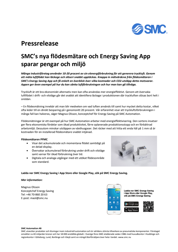 SMC’s nya flödesmätare och Energy Saving App sparar pengar och miljö