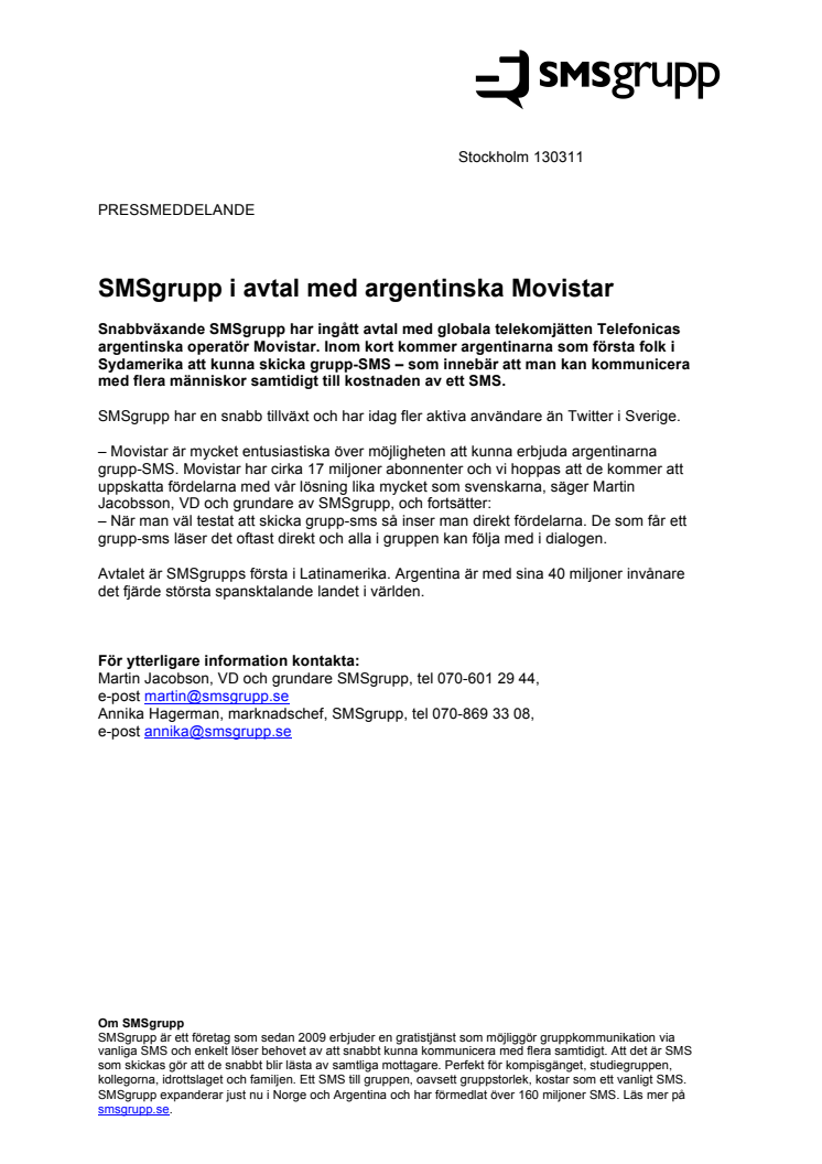 SMSgrupp i avtal med argentinska Movistar