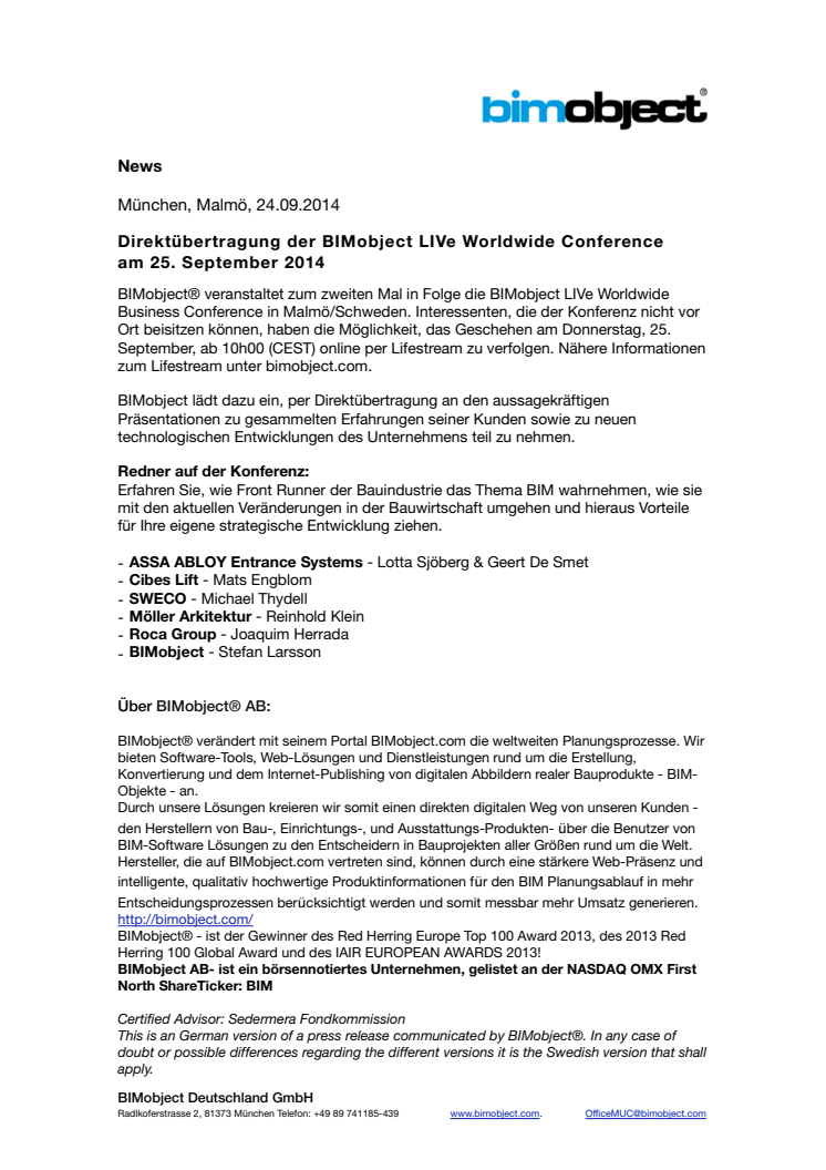 Direktübertragung der BIMobject LIVe Worldwide Conference am 25. September 2014