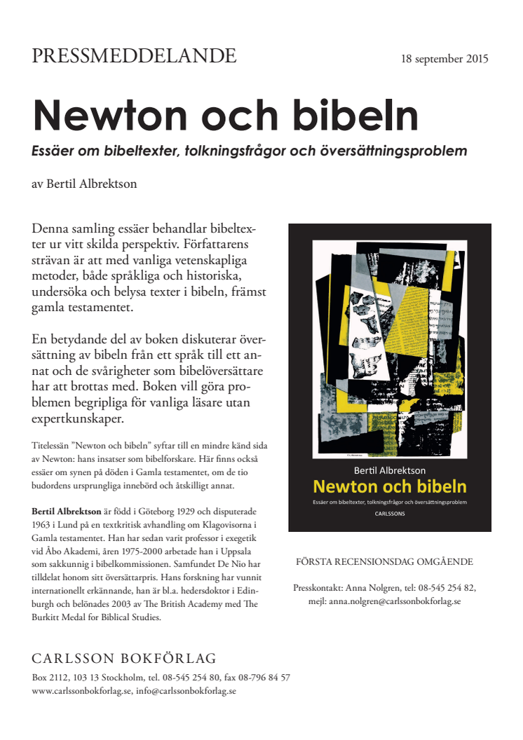 Ny bok: "Newton och Bibeln - Essäer om bibeltexter, tolkningsfrågor och översättningsproblem".  