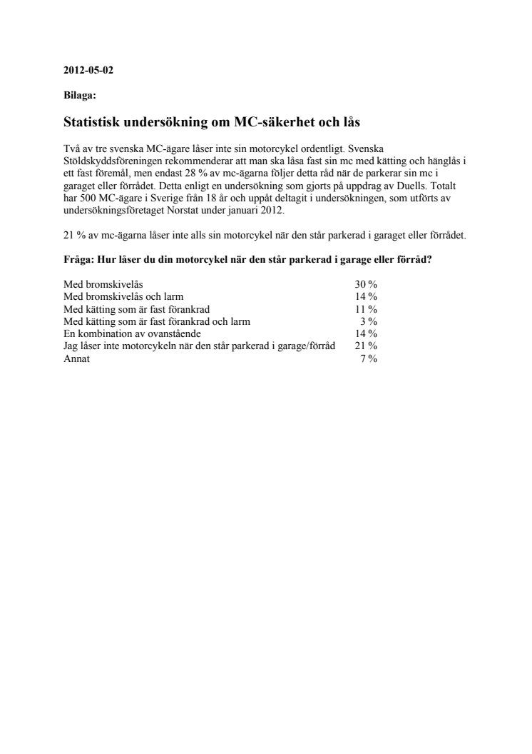 Statistisk undersökning av mc-förare om stöldsäkerhet, Norstat, sammanställning