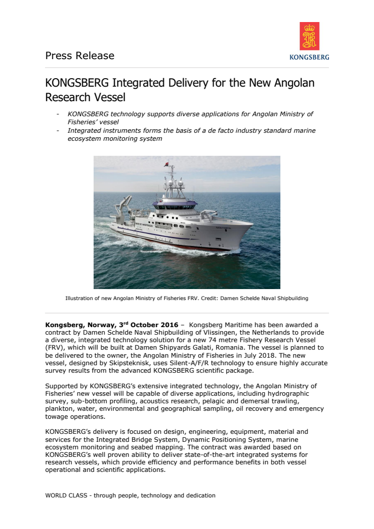 Kongsberg Maritime: KONGSBERG Integrated Delivery for the New Angolan Research Vessel
