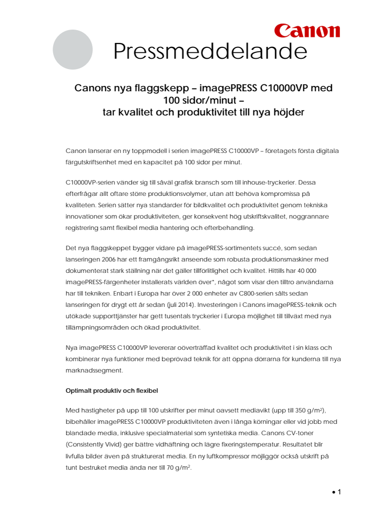 Canons nya flaggskepp – imagePRESS C10000VP  tar kvalitet och produktivitet till nya höjder
