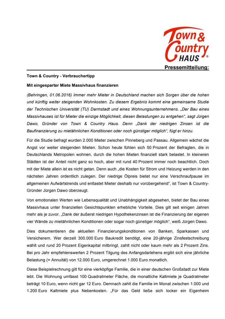 Town & Country - Verbrauchertipp: Mit eingesparter Miete Massivhaus finanzieren