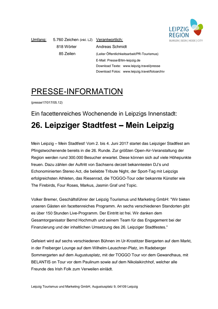 Ausführliches Programm zum 26. Leipziger Stadtfest - Mein Leipzig
