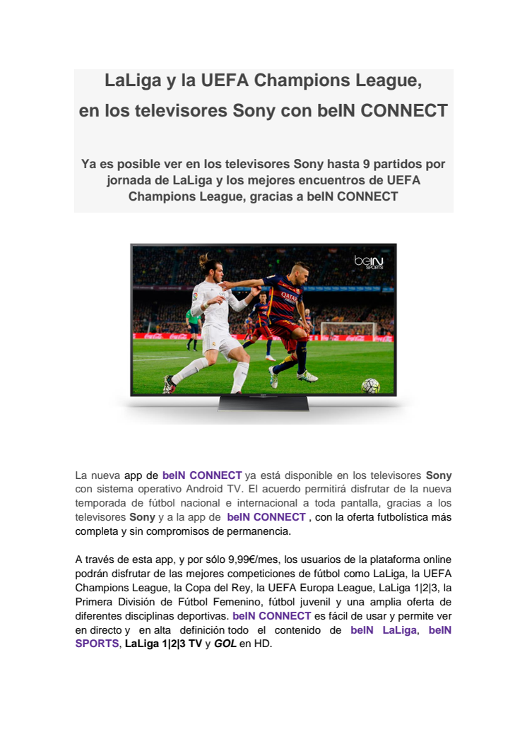 LaLiga y la UEFA Champions League,  en los televisores Sony con beIN CONNECT