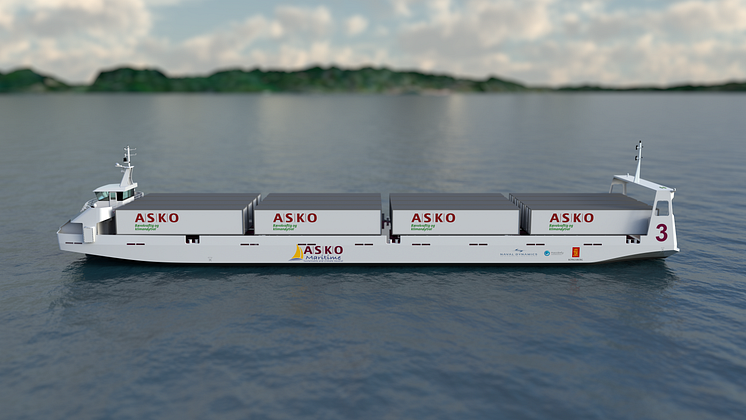One of the new unmanned vessels for ASKO, to be equipped and operated by Kongsberg Maritime and Massterly