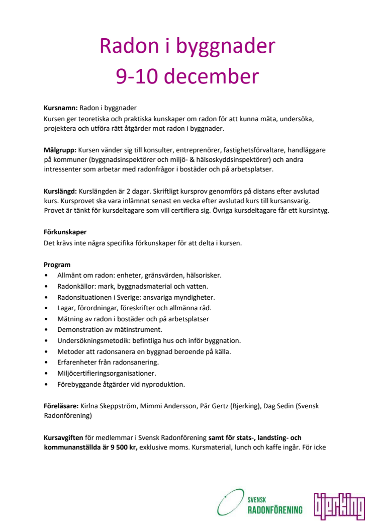 Kurs - Radon i Byggnader 9-10 december - Anmäl dig redan idag