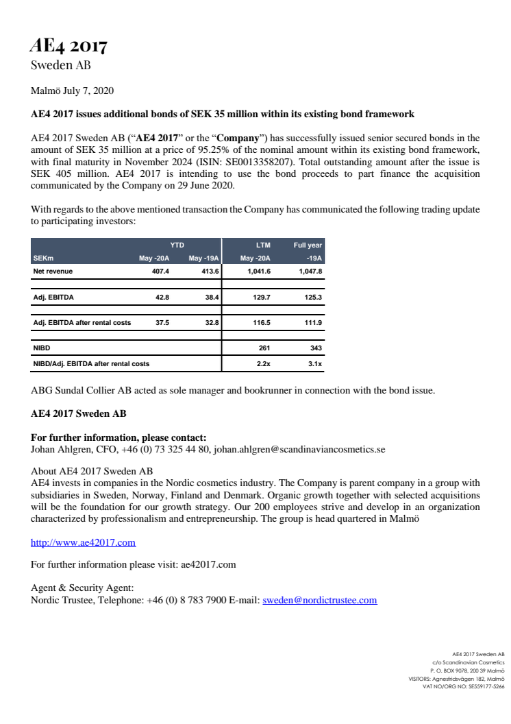 AE4 2017 issues additional bonds of SEK 35 million within its existing bond framework AE4