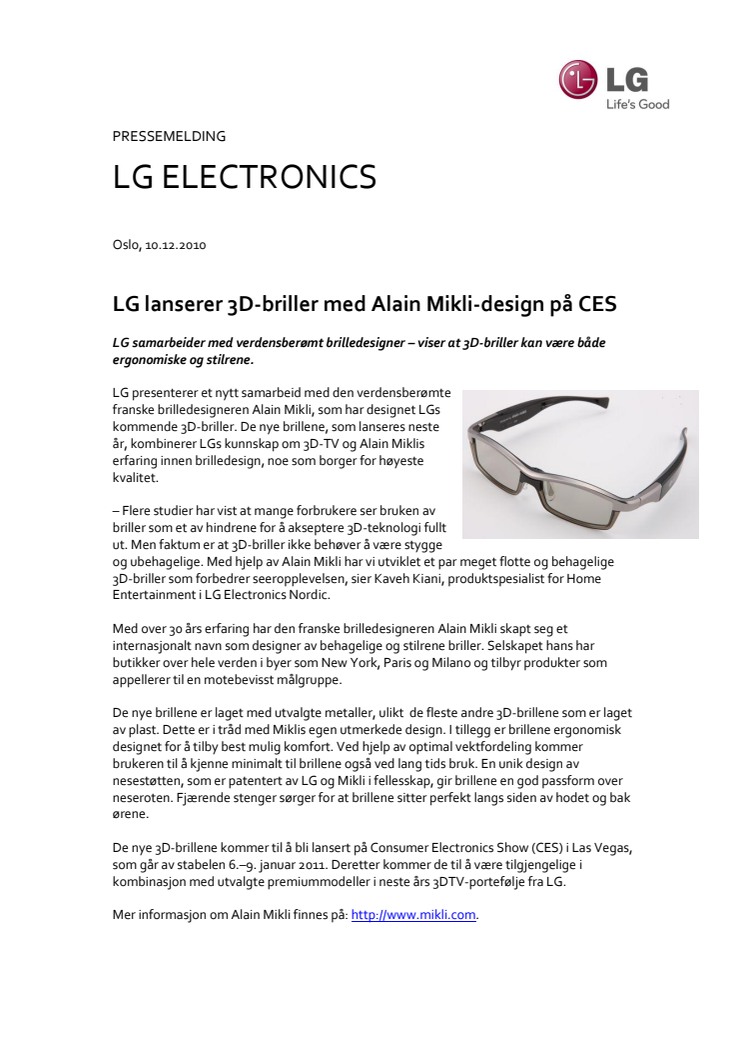 LG lanserer 3D-briller med Alain Mikli-design på CES 