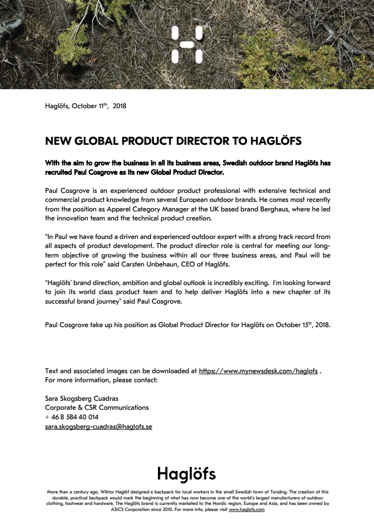 NEW GLOBAL PRODUCT DIRECTOR TO HAGLÖFS