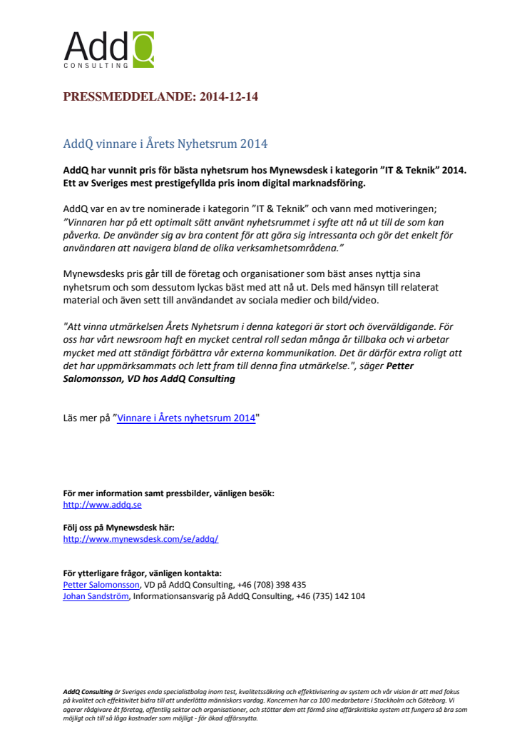 AddQ vinnare i Årets Nyhetsrum 2014