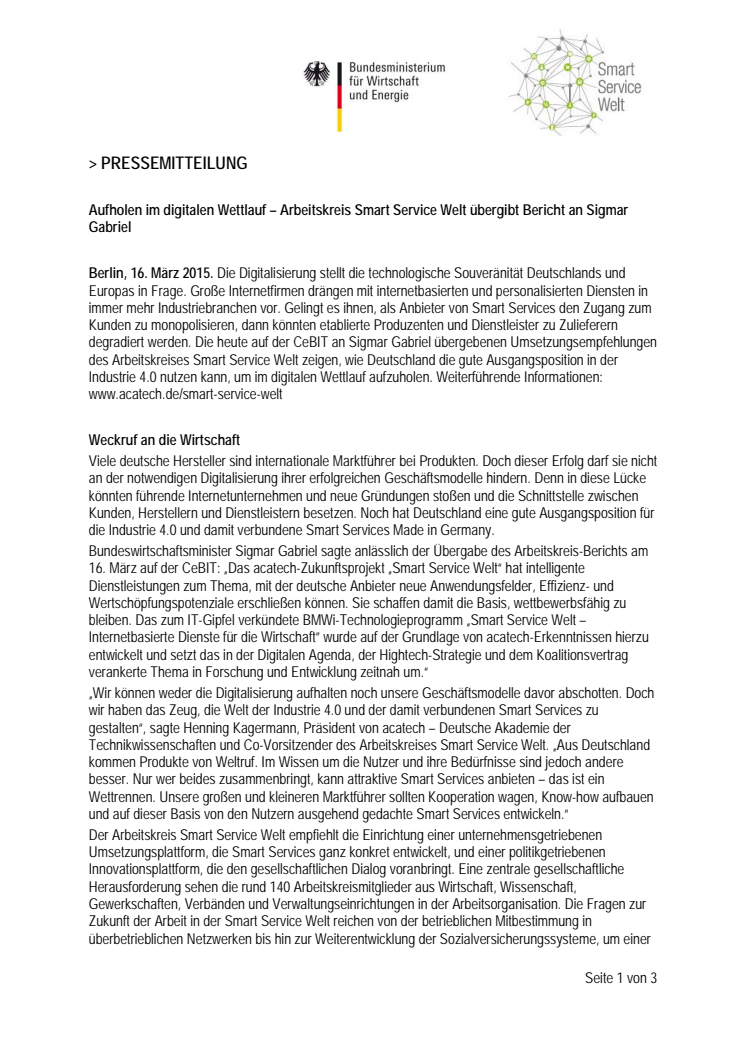 Pressemitteilung: Aufholen im digitalen Wettlauf – Arbeitskreis Smart Service Welt übergibt Bericht an Sigmar Gabriel 