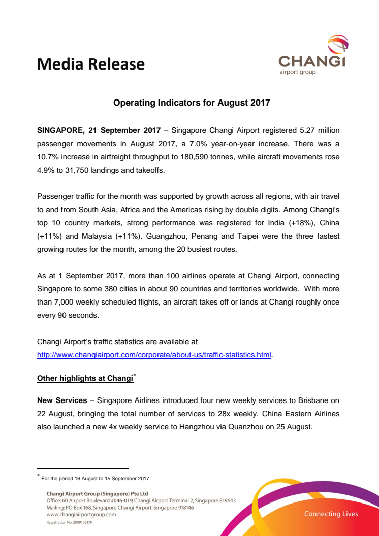 Operating Indicators for August 2017