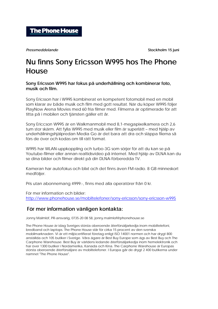 Nu finns Sony Ericsson W995 hos The Phone House 