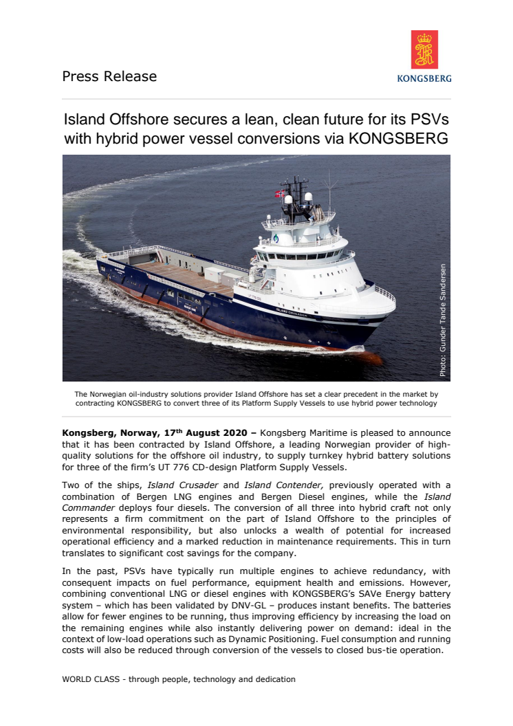Island Offshore secures a lean, clean future for its PSVs with hybrid power vessel conversions via KONGSBERG