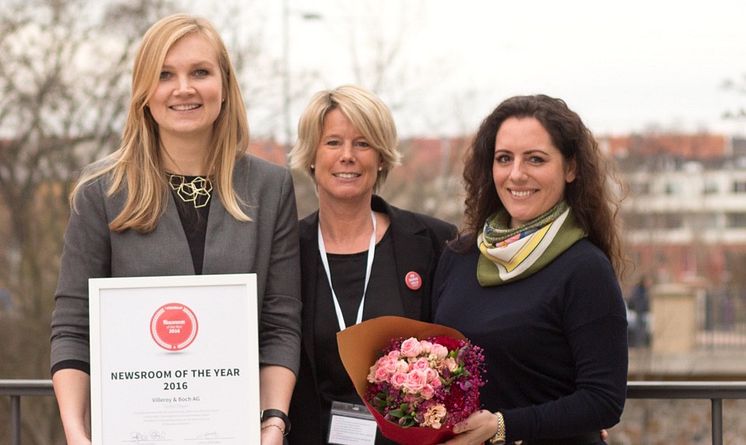 Janna Wessel (Villeroy&Boch AG), Sylvia Eberl (Geschäftsführerin Mynewsdesk Deutschland), Jessika Rauch (Villeroy&Boch AG)  zur Verleihung des "Newsroom of the Year Awards 2016"