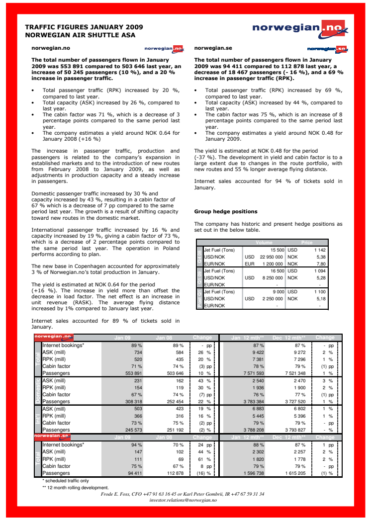 Norwegians passagerartillväxt fortsätter in i 2009